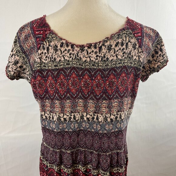 Soft Surroundings Smocked Dress 1X Maroon Cream Blue Mandala Print Short Sleeve - Picture 12 of 16